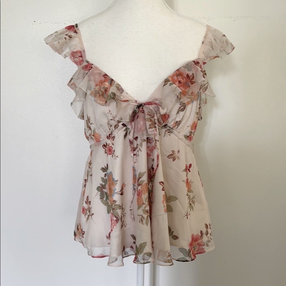 Aqua Bloomingdale’s Floral flutter sleeve Ruffle Tie-Front boho Blouse